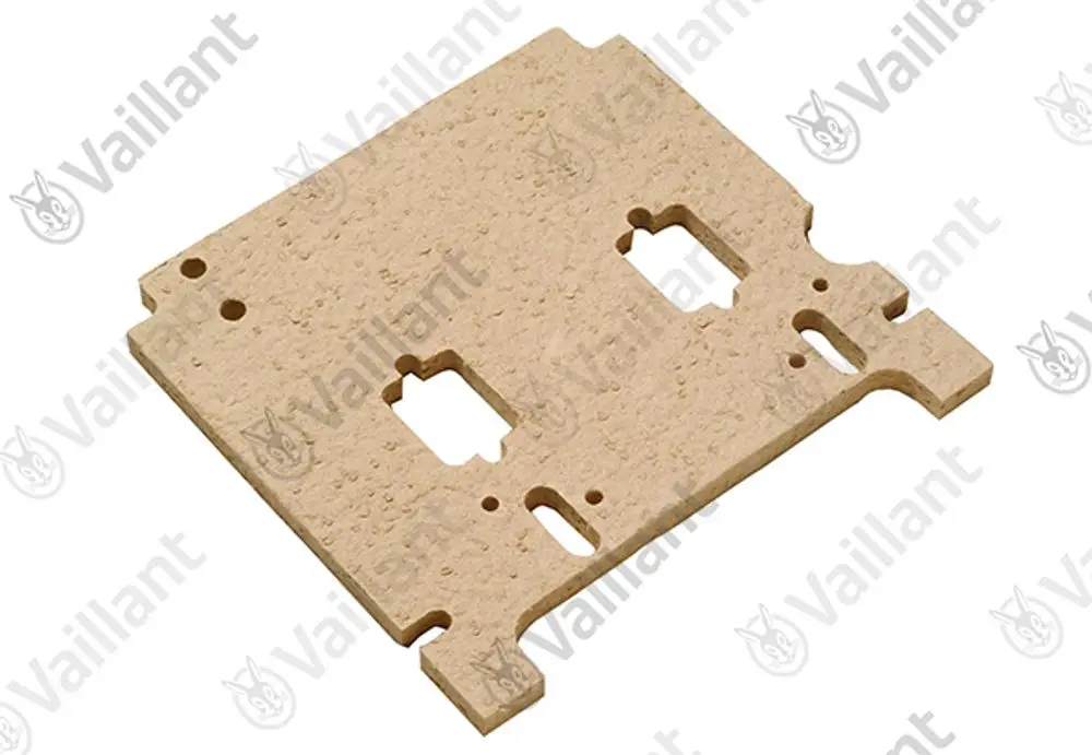 Vaillant Isolierplatte aus beige Schaumstoff mit zwei Ausschnitten und verschiedenen Bohrungen, geeignet für Heizungsanwendungen.